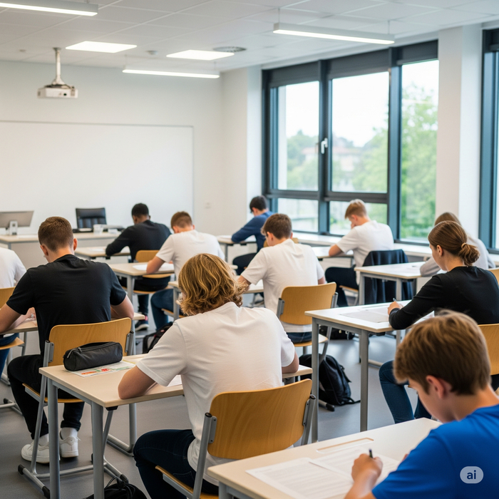 Versetzung und Abschlussprüfungen (© KI generiertes Bild) Prüfungssituation an einer Berufsschule